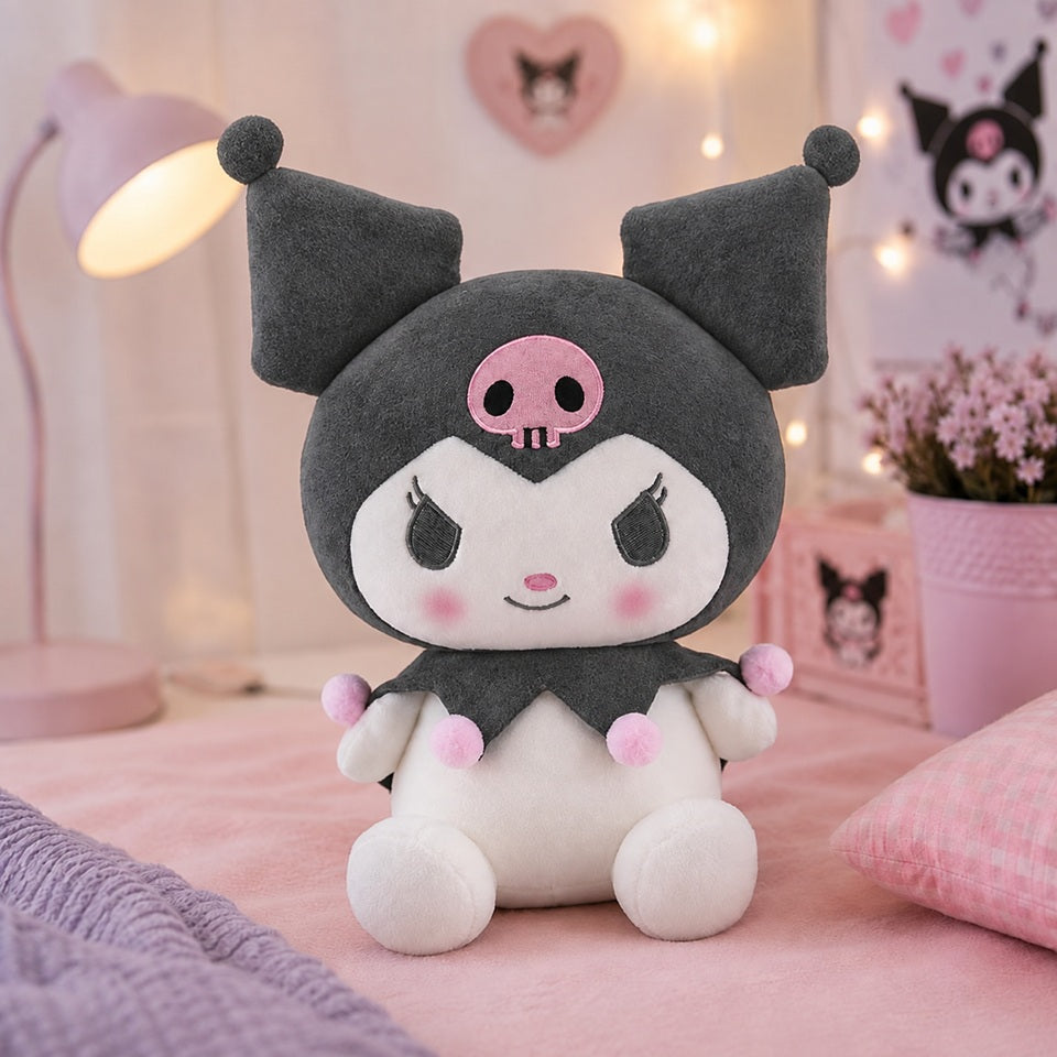 Peluche Kuromi kawaii noire et blanche avec tête de mort rose et pompons roses, présentée dans une jolie chambre pastel rose et lilas au décor mignon.