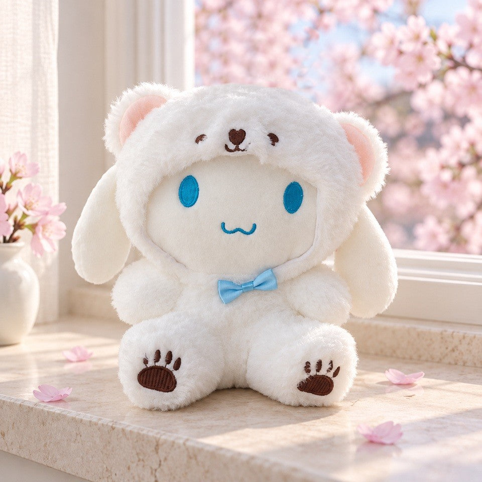 Peluche cinnamorolls blanche kawaii avec nœud bleu, photographiée près d’une fenêtre fleurie de cerisiers japonais.