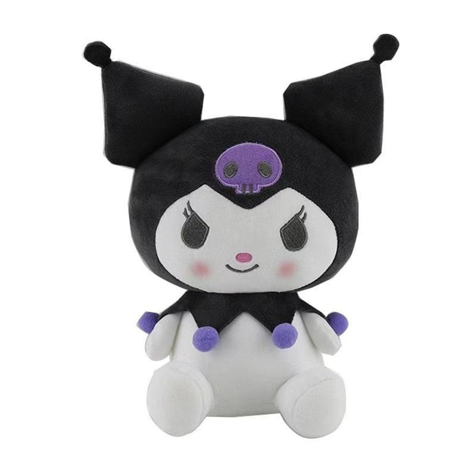 Peluche Kuromi kawaii noire et blanche avec tête de mort rose et pompons violets