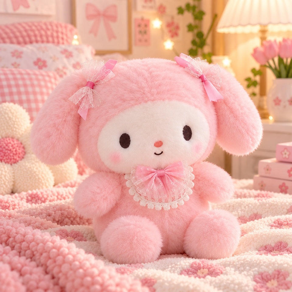Peluche rose kawaii toute douce et fluffy avec nœuds et col en dentelle, installée sur un lit dans une jolie chambre rose et fleurie.