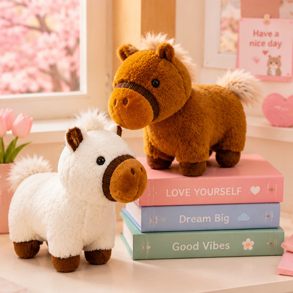 Deux adorables peluches chevaux, l'une blanche et l'autre marron, présentées dans une jolie chambre kawaii aux tons pastel. Décoration cosy avec lit douillet, coussins roses, paniers en osier, lampes chaleureuses et petites décorations mignonnes créant une ambiance douce et réconfortante