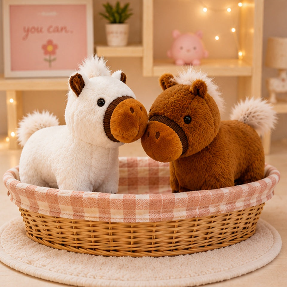 Deux adorables peluches chevaux, l'une blanche et l'autre marron, présentées dans une jolie chambre kawaii aux tons pastel. Décoration cosy avec lit douillet, coussins roses, paniers en osier, lampes chaleureuses et petites décorations mignonnes créant une ambiance douce et réconfortante