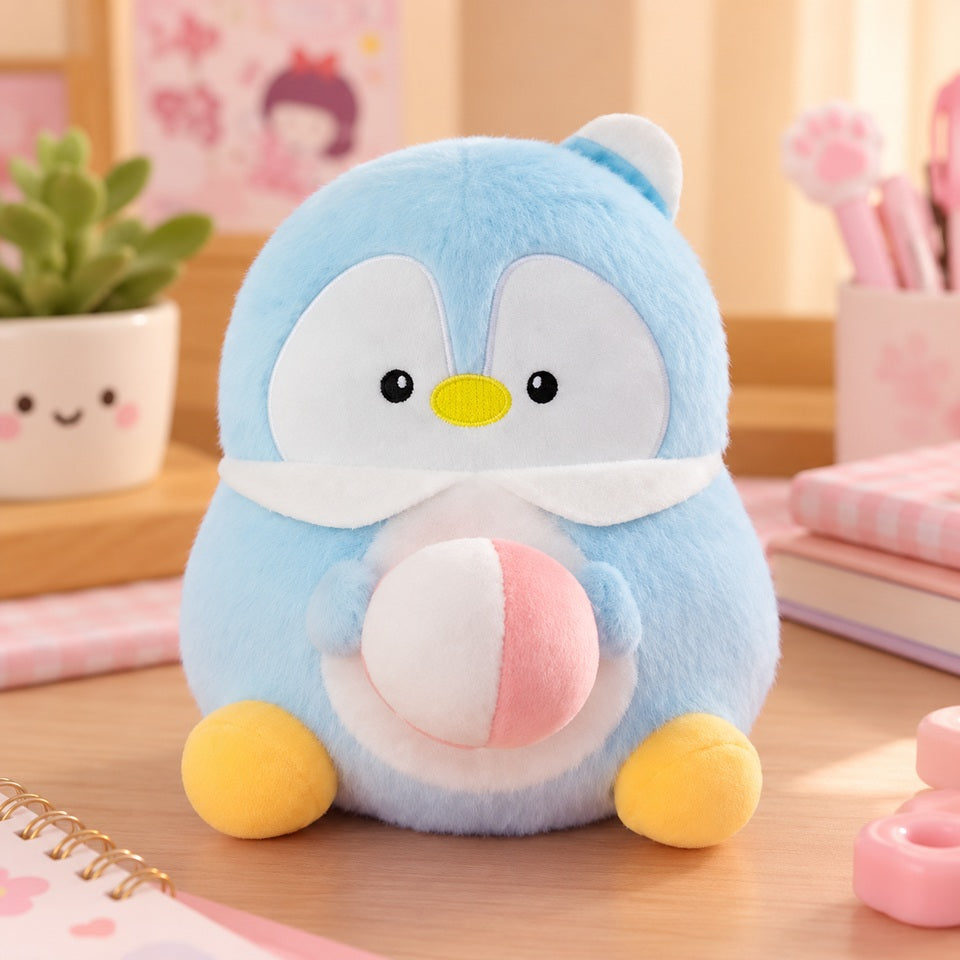 Adorable peluche pingouin kawaii bleu pastel tenant un petit ballon rose et blanc entre ses ailes. Avec sa fourrure douce et moelleuse, son corps tout rond, son visage blanc, ses petits yeux noirs, son bec jaune et ses petites pattes jaunes, ce pingouin en peluche est irrésistiblement mignon. Présenté sur un joli bureau en bois clair dans un décor pastel rose et bleu, il apporte une touche de douceur et de tendresse. Une peluche kawaii parfaite pour les câlins, décorer une chambre ou offrir un adorable cade