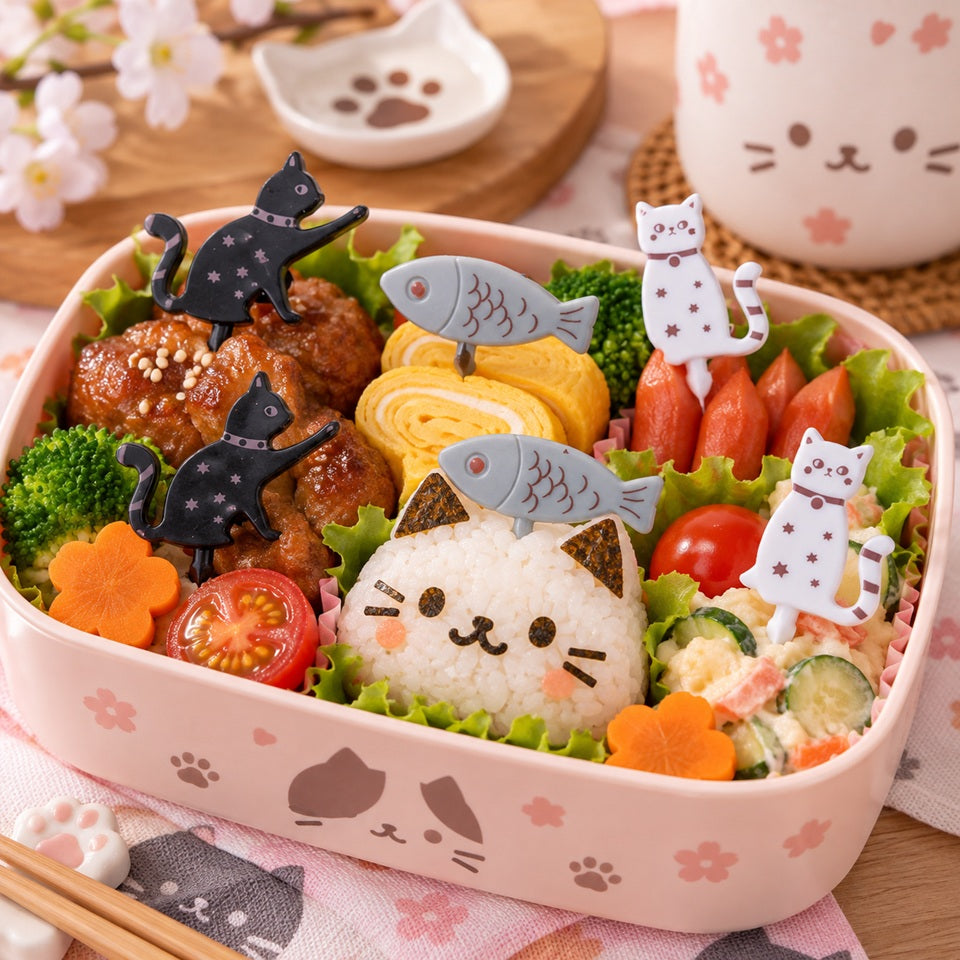 Bento japonais kawaii garni de riz, légumes et bouchées, décoré de pics apéro en forme de chats noirs, chats blancs et poissons gris.