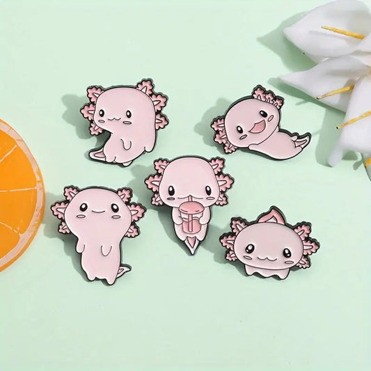 des pin's axolotl tout rose et tout mignon dans différentes poses et expressions kawaii adorables. 