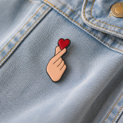 Pin's finger heart vue de face – détail cœur rouge et main métal