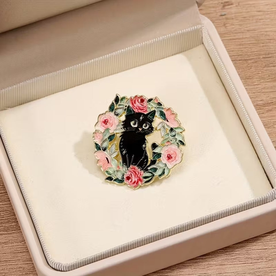 Pin's chat noir et fleurs (PROMO -12%)
