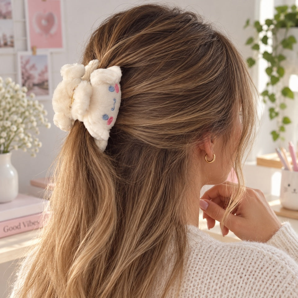 Pince à cheveux kawaii en peluche blanche avec visage brodé, portée dans les cheveux d’une femme, style doux et tendance