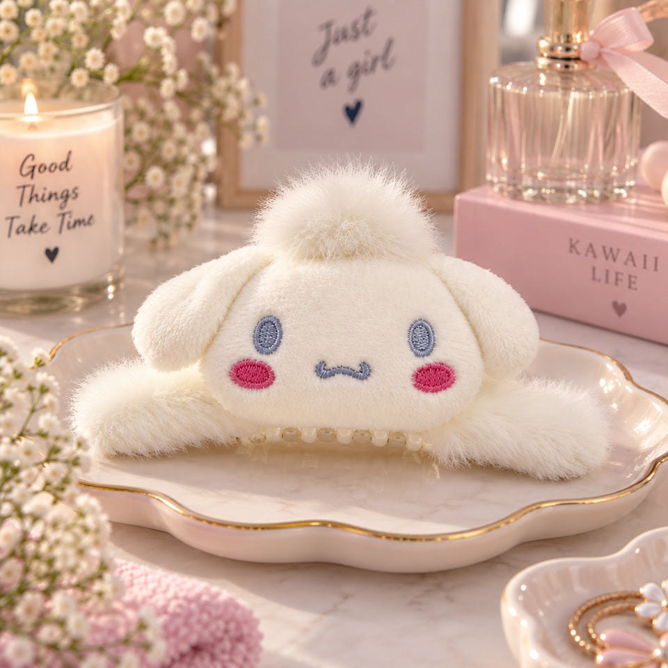 Pince à cheveux blanche Cinnamoroll en peluche toute douce, présentée dans un décor kawaii élégant aux tons roses et fleuris.