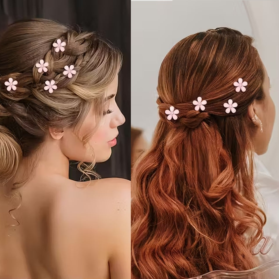un lot de 5 pinces à cheveux en forme de fleurs de sakura roses pailletées. Au coeur des fleurs, se trouve un strass brillant. Parfaites pour un look printanier, romantique et adorable.
