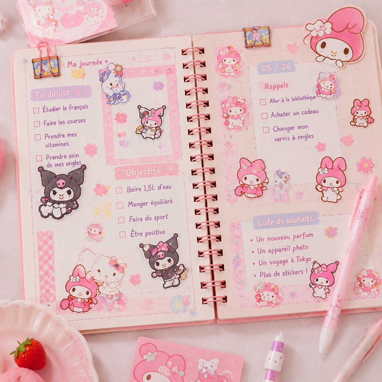 Carnet décoré avec des stickers Sanrio kawaii de My Melody, Kuromi et Hello Kitty dans une ambiance rose pastel adorable ✨ Pages remplies de listes, objectifs et rappels illustrés avec des stickers mignons et fleuris inspirés de la papeterie japonaise. Univers doux, créatif et féerique parfait pour le journaling et l’organisation kawaii.