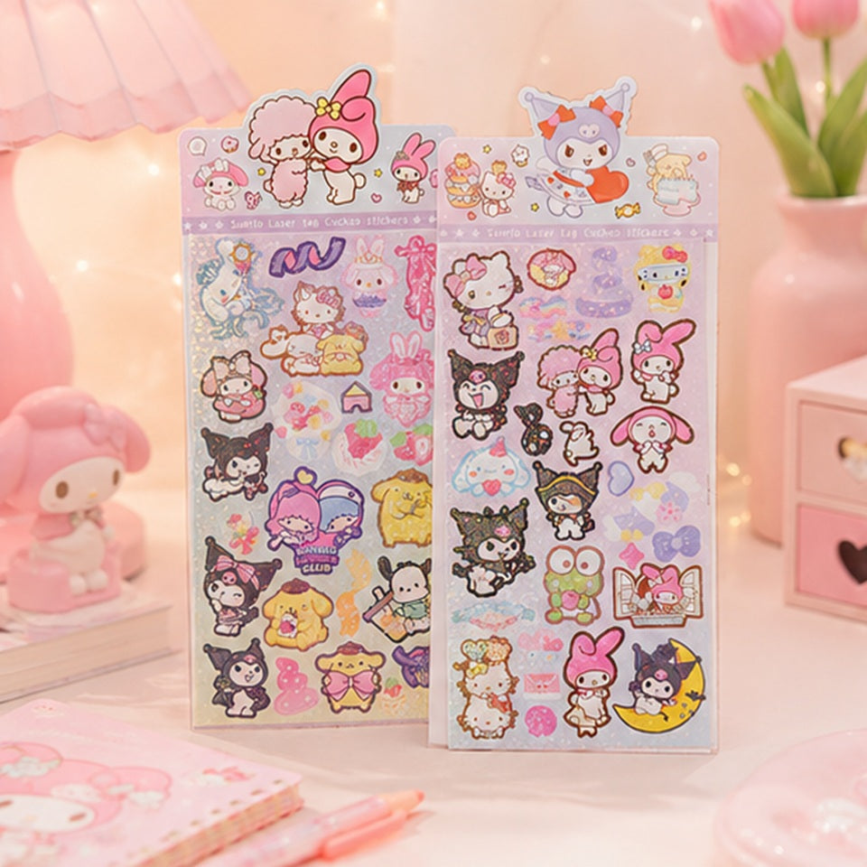 Planches de stickers Sanrio kawaii avec My Melody, Kuromi, Cinnamoroll, Hello Kitty et Pompompurin dans une ambiance pastel adorable ✨ Stickers mignons et colorés aux détails brillants parfaits pour décorer un journal, un ordinateur, une coque de téléphone ou une papeterie kawaii. Univers doux et féerique inspiré du Japon.