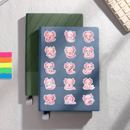 des stickers axolotl tout rose et tout mignons dans des positions, des expressions variées et amusantes.