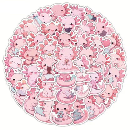 des stickers axolotl tout rose et tout mignons dans des positions, des expressions variées et amusantes.