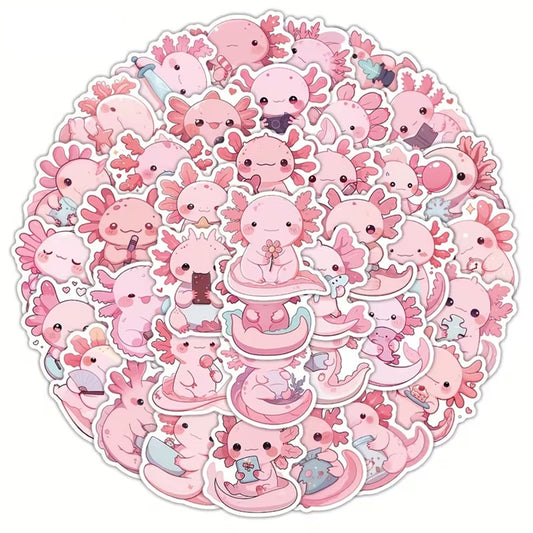 des stickers axolotl tout rose et tout mignons dans des positions, des expressions variées et amusantes.