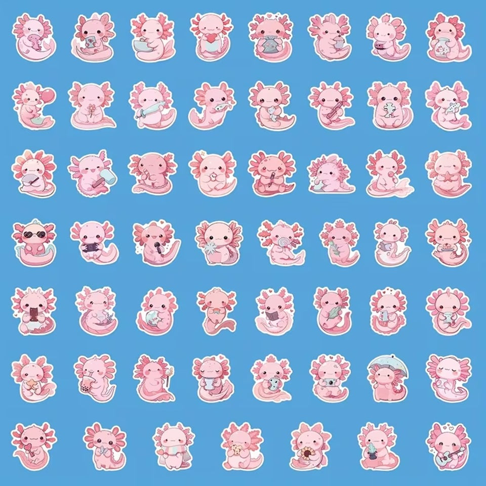 des stickers axolotl tout rose et tout mignons dans des positions, des expressions variées et amusantes.