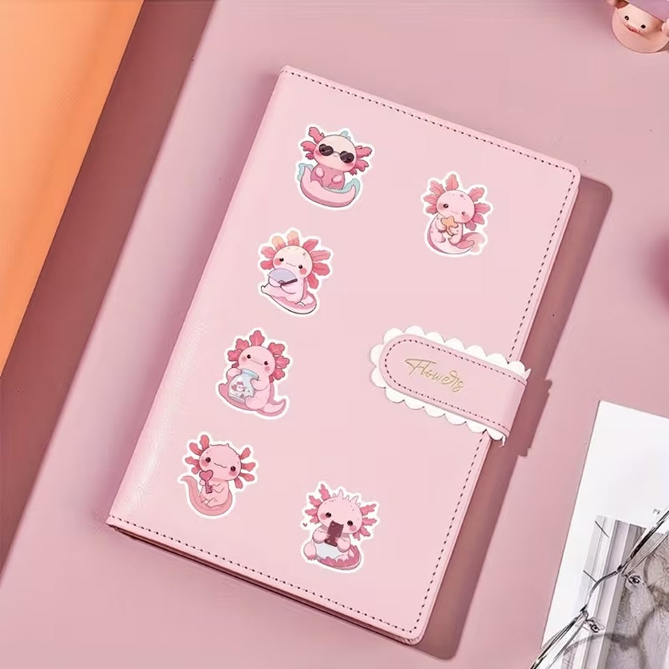 des stickers axolotl tout rose et tout mignons dans des positions, des expressions variées et amusantes.