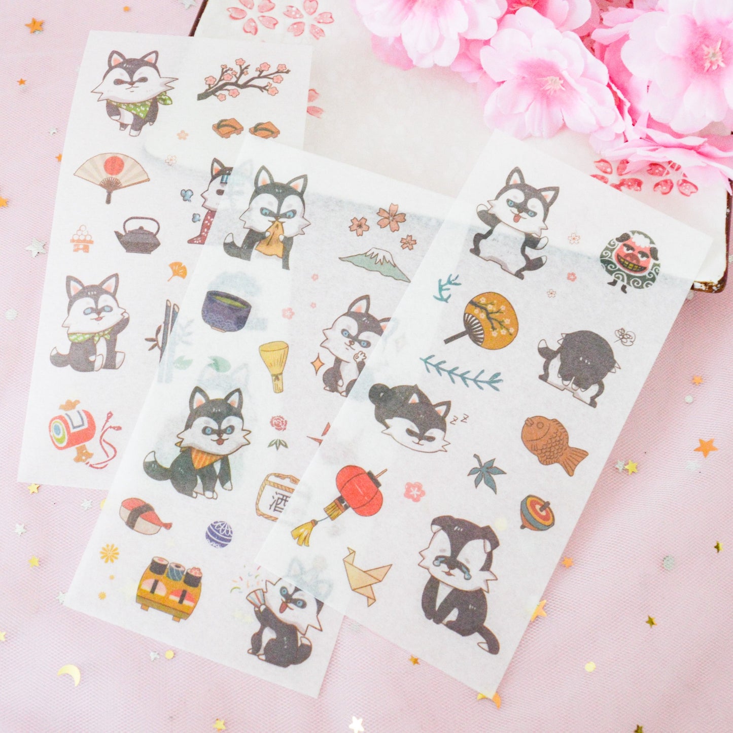 Lot de 6 planches de stickers shiba inu