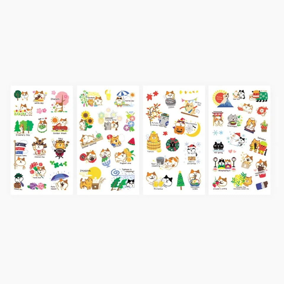 des planches de stickers représentant des chats de toutes les couleurs dans des scènes de la vie et des traditions japonaises : hanami, feux d'artifice, koi nobori etc...