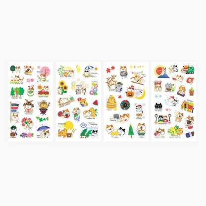 des planches de stickers représentant des chats de toutes les couleurs dans des scènes de la vie et des traditions japonaises : hanami, feux d'artifice, koi nobori etc...
