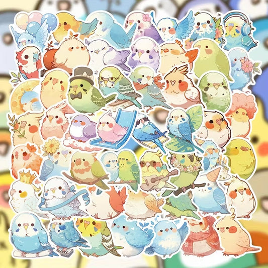 des stickers en forme de perruches et de perroquets colorés en version chibi toute ronde et adorable. Ils apportent une touche de pep's tropical et une touche joyeuse. Idéal pour le scrapbooking.