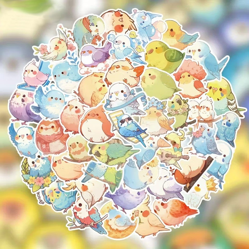 des stickers en forme de perruches et de perroquets colorés en version chibi toute ronde et adorable. Ils apportent une touche de pep's tropical et une touche joyeuse. Idéal pour le scrapbooking.