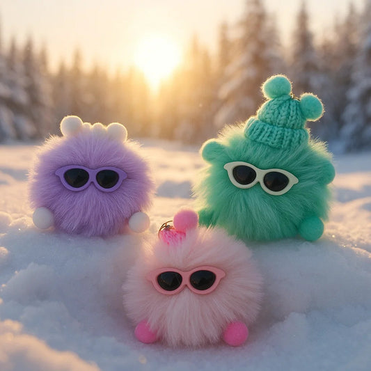 porte-clés boule de poils colorée qui porte des lunettes de soleil et un joli bonnet. accessoire kawaii, mignon rempli de douceur.