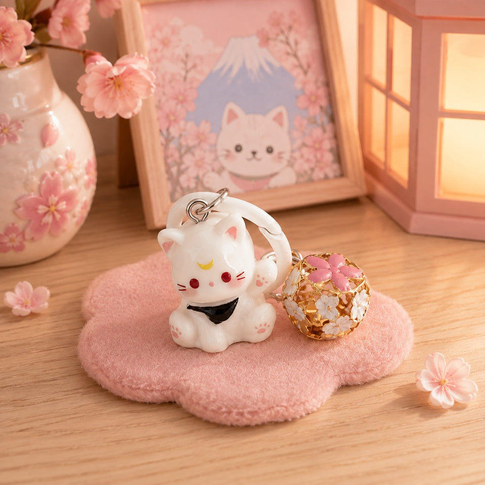 Porte-clés chat blanc kawaii avec breloque fleurie rose et dorée, présenté dans un décor japonais pastel avec fleurs de cerisier et lanterne rose.