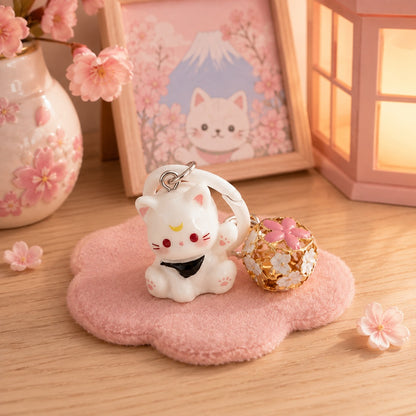 Porte-clés chat blanc kawaii avec breloque fleurie rose et dorée, présenté dans un décor japonais pastel avec fleurs de cerisier et lanterne rose.