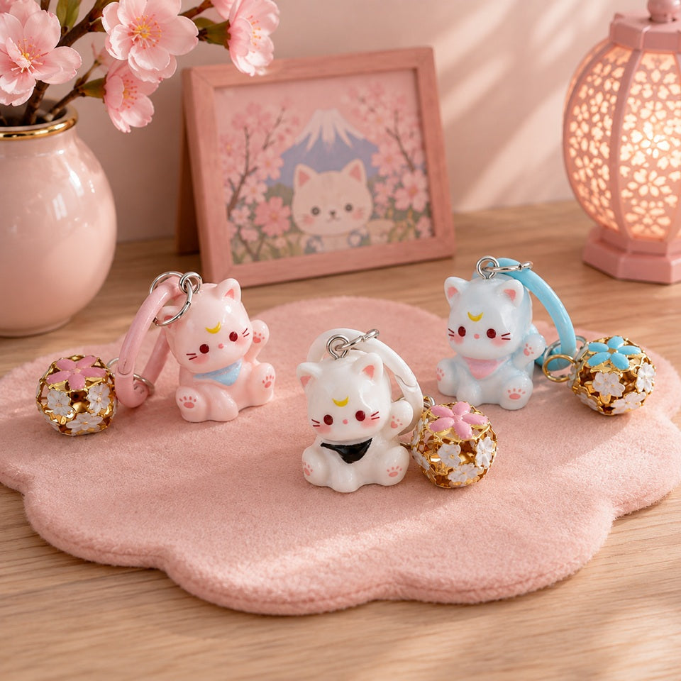 Trois porte-clés chats kawaii rose, blanc et bleu avec breloques fleuries dorées, présentés dans un décor japonais pastel avec fleurs de cerisier et lanterne rose.