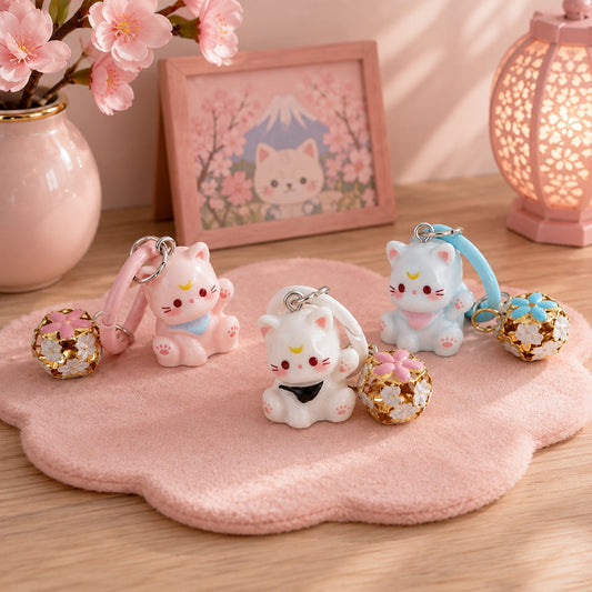 Trois porte-clés chats kawaii rose, blanc et bleu avec breloques fleuries dorées, présentés dans un décor japonais pastel avec fleurs de cerisier et lanterne rose.