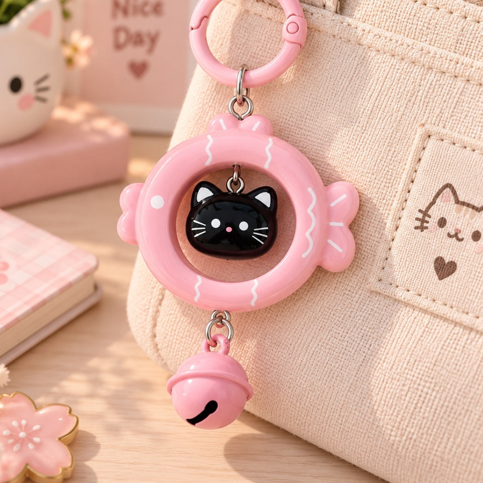 Porte-clés kawaii rose en forme de poisson avec petit chat noir et grelot, accroché à un sac beige dans un décor pastel mignon et fleuri.