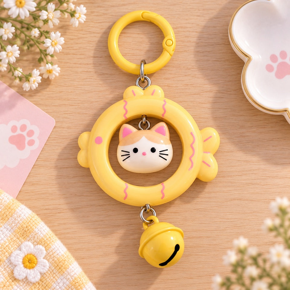 Porte-clés kawaii jaune en forme de poisson avec petit chat et grelot assorti, posé à plat dans un décor pastel fleuri et mignon.