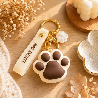 Porte-clés kawaii beige en forme de grosse patte de chat avec coussinets marron, mini breloque patte blanche, mousqueton doré et dragonne « Lucky Day », présenté dans un décor chaleureux et fleuri.