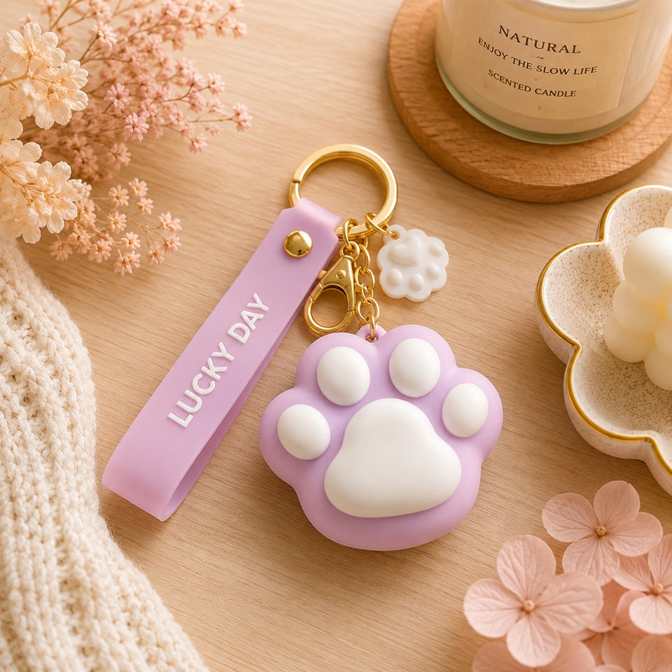 Porte-clés kawaii violet en forme de grosse patte de chat avec coussinets blancs, mini breloque patte blanche, mousqueton doré et dragonne « Lucky Day », présenté dans un décor fleuri pastel.