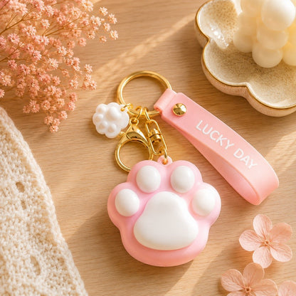 Porte-clés kawaii rose en forme de grosse patte de chat avec coussinets blancs, mini breloque patte de chat blanche, mousqueton doré et dragonne « Lucky Day ».