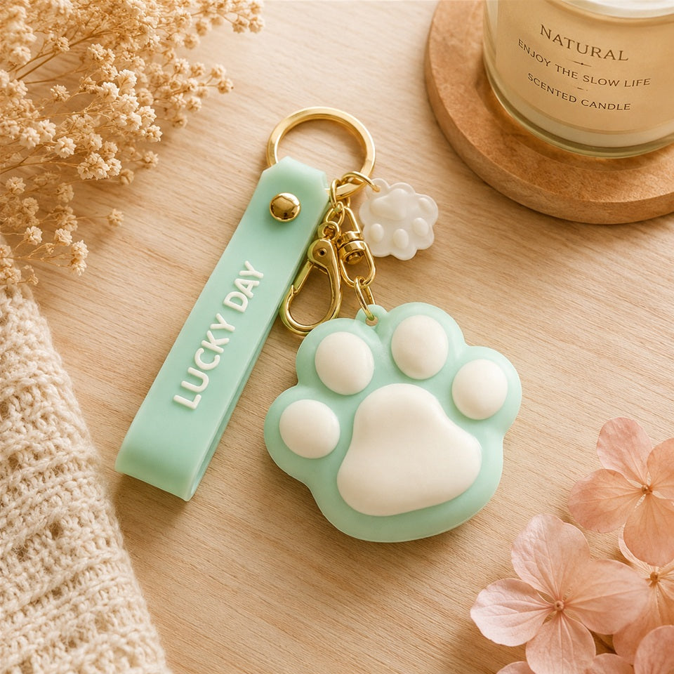Porte-clés kawaii vert menthe en forme de patte de chat avec coussinets blancs, breloque mini patte et dragonne « Lucky Day », présenté dans un décor doux et fleuri.