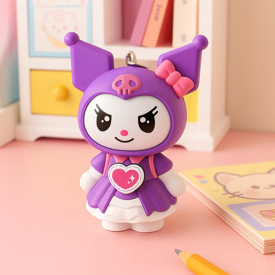 un prote-clé représentant Kuromi habillée dans une jolie robe violette. Sur son ventre se trouve un bouton qui permet  de changer son expression. En un coup, son visage tourne pour découvrir une nouvelle expression !