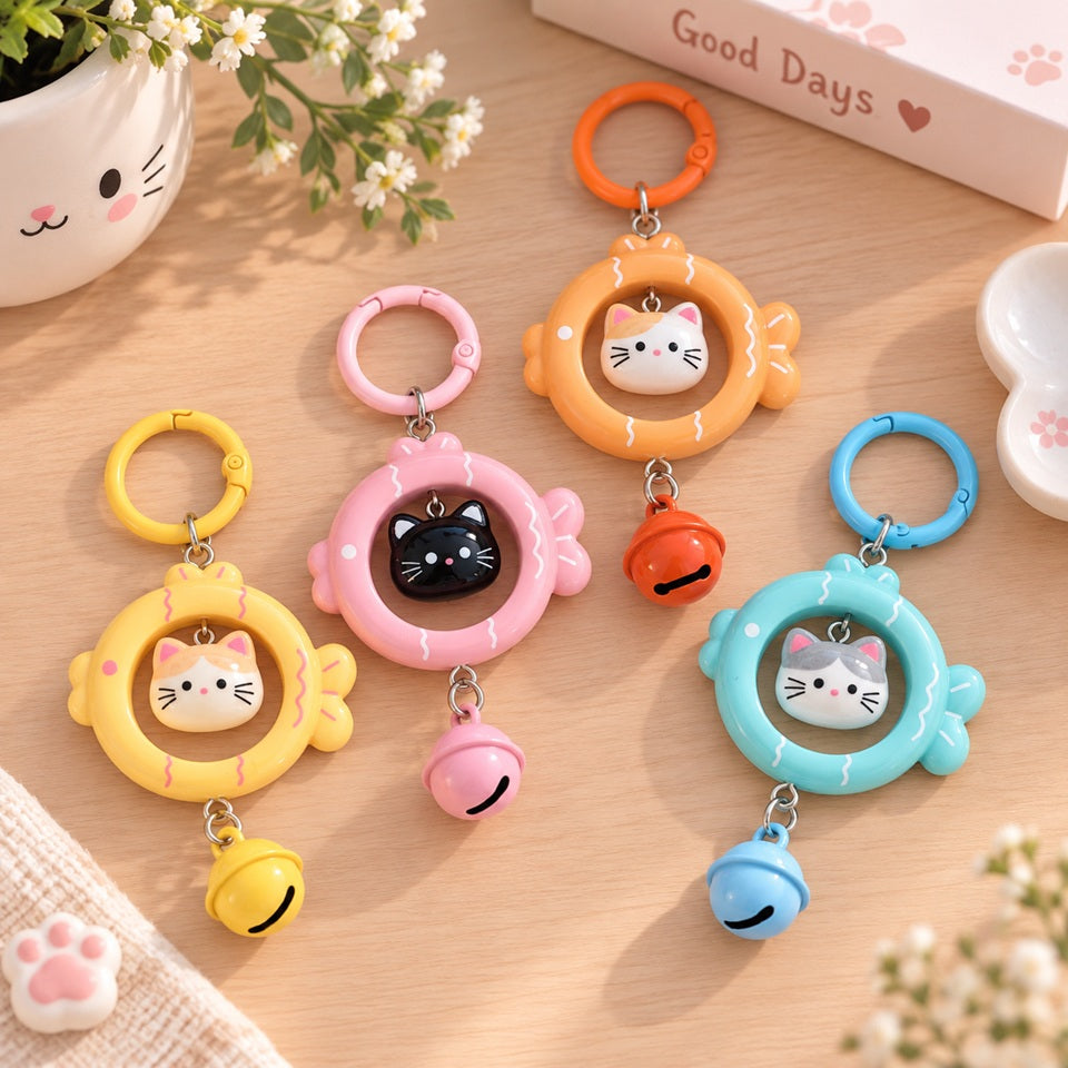 Porte-clés kawaii en forme de poisson avec petits chats et grelots colorés, déclinés en jaune, rose, orange et bleu dans un décor mignon.