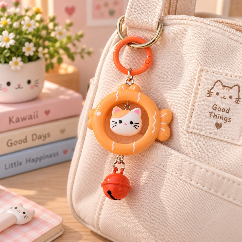 Porte-clés kawaii orange en forme de poisson avec petit chat et grelot, accroché à un sac beige dans un décor doux et mignon.