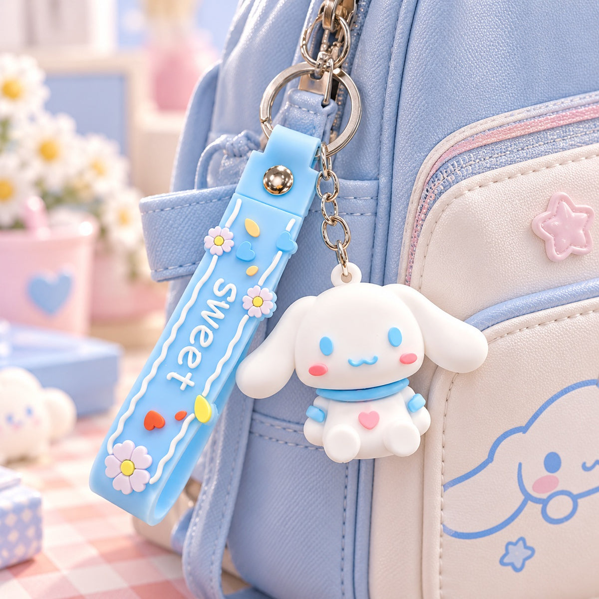 Porte-clés kawaii Cinnamoroll Sanrio accroché à un adorable sac à dos bleu pastel. Ce porte-clés mignon représente Cinnamoroll, petit personnage blanc aux longues oreilles, aux joues roses et aux détails bleus, accompagné d'une dragonne bleue ornée de fleurs, de petits cœurs colorés et de l'inscription « Sweet ». Un accessoire japonais kawaii plein de douceur, idéal pour décorer et personnaliser un sac à dos, un sac à main ou un trousseau de clés. Jolie idée cadeau pour les fans de Sanrio et de Cinnamoroll.