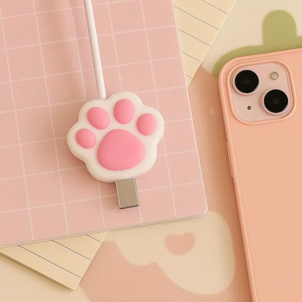 un protège câble tout mignon en forme de patte de chat rose et blanc. Pratique et utile, il protège vos câbles de l'usure et allonge leur durée de vie.