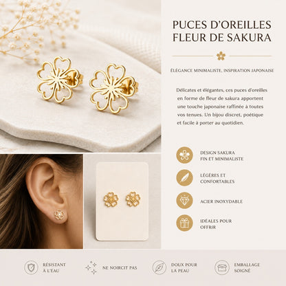 une paire de puces d'oreilles dorées en forme de fleur de sakura dans un style minimaliste et mignon