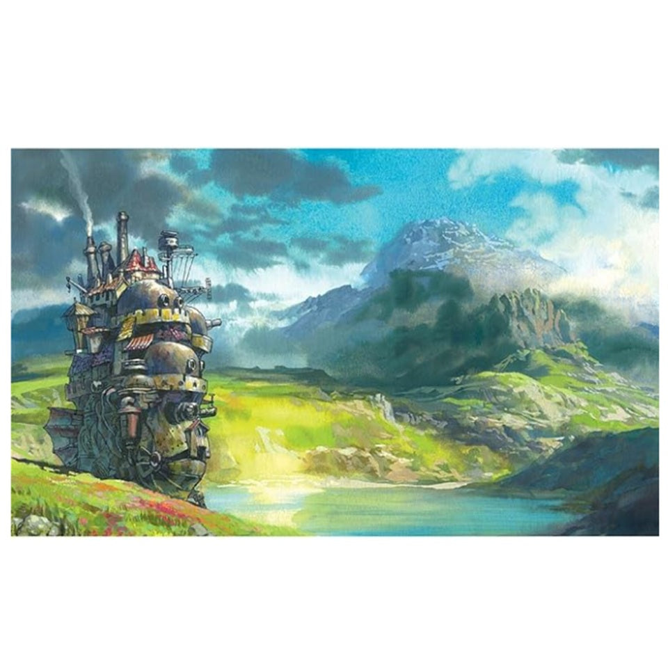 un puzzle composé de 1000 pièces représentant le château ambulant dans la vallée. Illustration magnifique qui rappelle l'ambiance mystérieuse et changeante du film du Studio Ghibli.