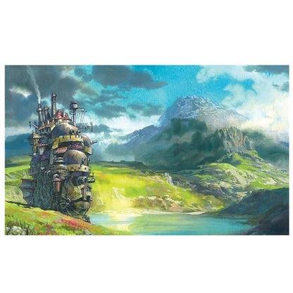 un puzzle composé de 1000 pièces représentant le château ambulant dans la vallée. Illustration magnifique qui rappelle l'ambiance mystérieuse et changeante du film du Studio Ghibli.
