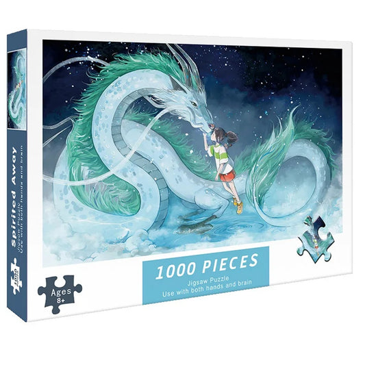 un puzzle composé de 1000 pièces représentant Chihiro et Kohaku sous sa forme de dragon dans un tête à tête rempli d'amour et de tendresse.