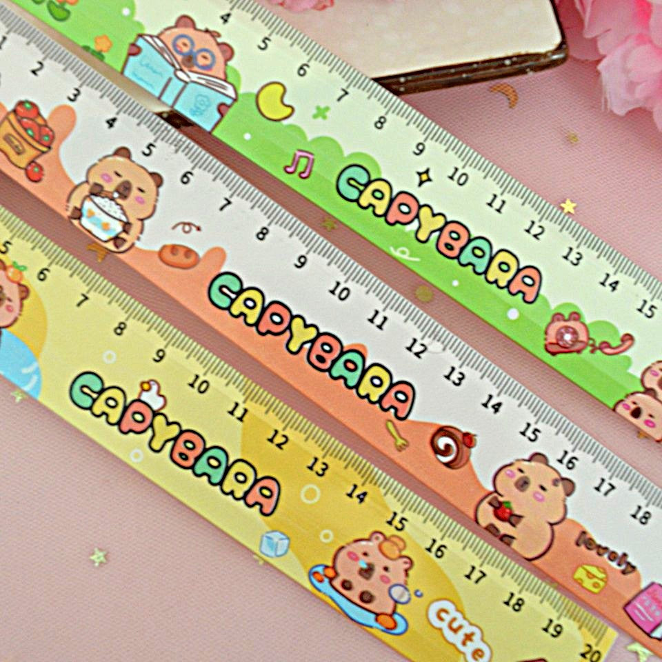une jolie règle colorée de 20 cm avec de jolies illustrations de capybara dans des scènes et des expressions amusantes et rigolotes. 