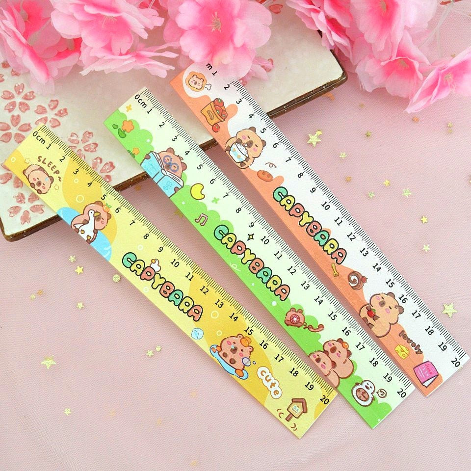 une jolie règle colorée de 20 cm avec de jolies illustrations de capybara dans des scènes et des expressions amusantes et rigolotes. 