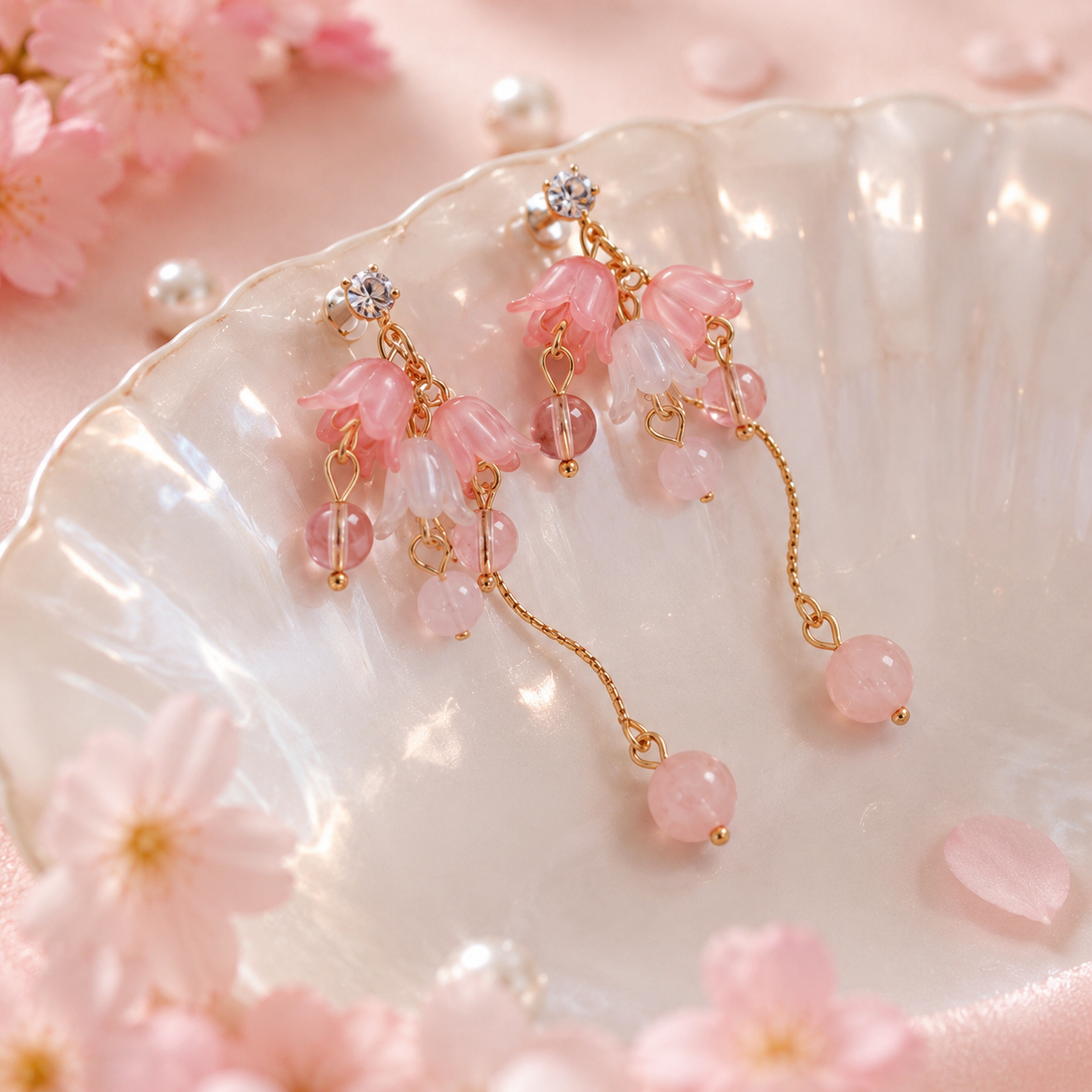 Boucles d'oreilles cascade de fleurs perlées