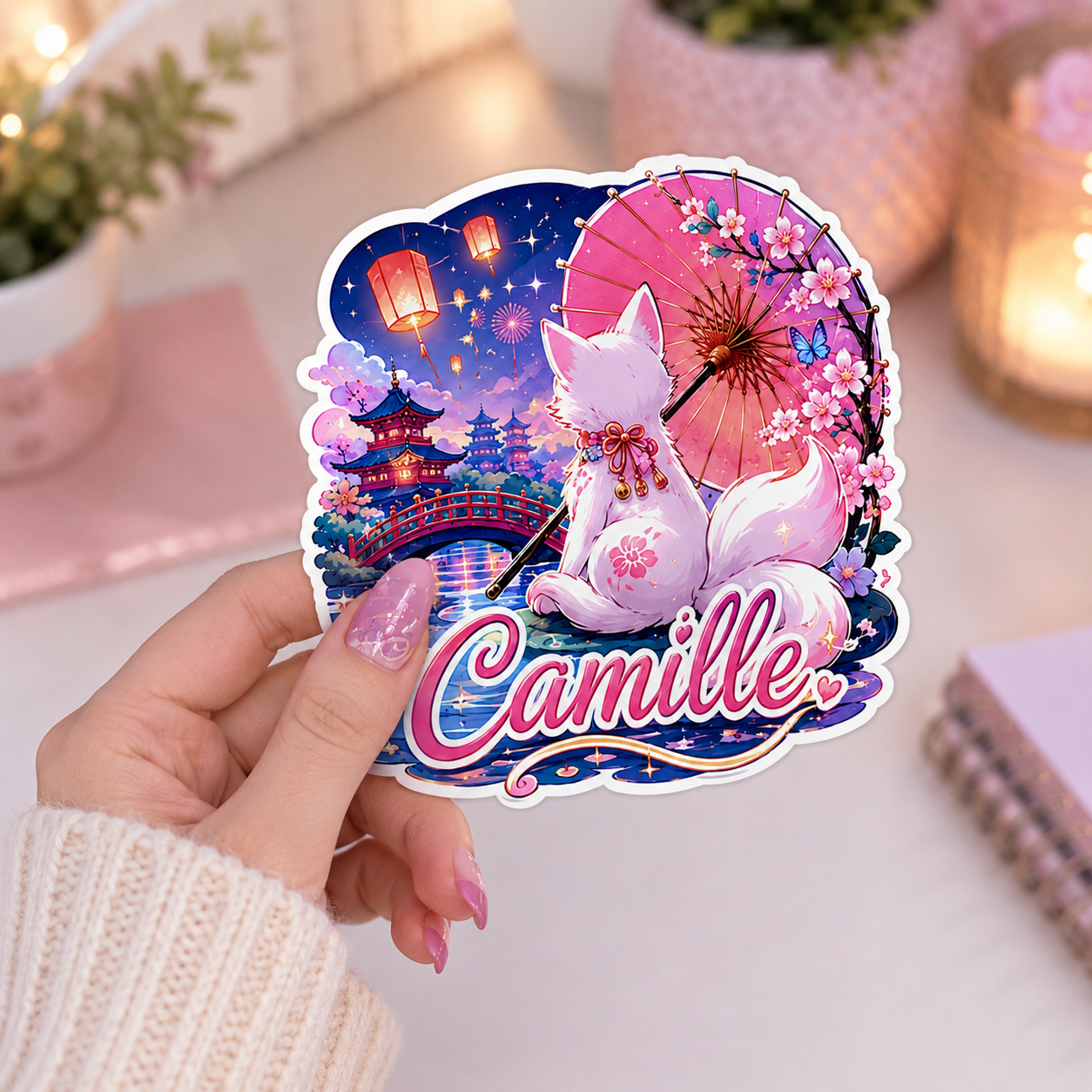 Sticker prénom personnalisable  Kitsune Sakura Enchantée